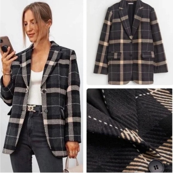 New H&M NWOT Wool Blend Plaid Oversized Blazer Jacket - Picture 4 of 6